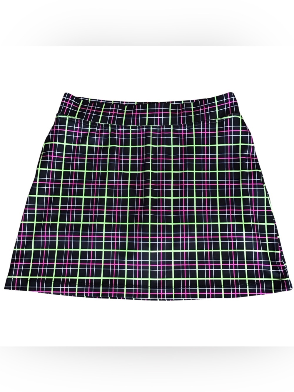 Bermuda Sands Black Plaid Mini Skort with Neon Green and Pink Lines